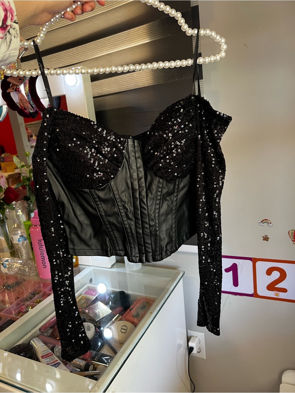 Papaya Black Sequin Corset Crop Top with Long Sleeves